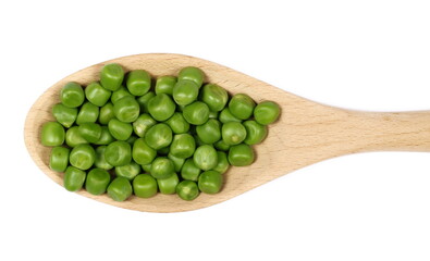 Fresh green peas in wooden spoon isolated on white, top view