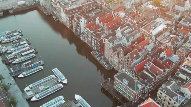 Aerial Drone Shot of Amsterdam, Netherlands in the early morning