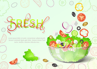 Fresh vegetable salad. Lettering: Fresh Salad. Vegetables, healthy eating, dieting concept. Vector illustration for banner, poster, flyer.
