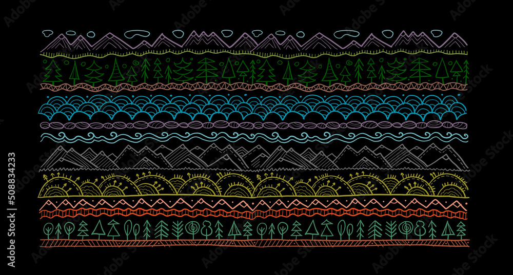 Poster abstract nature pattern frame for your design. forest and mountain icons. ethnic style