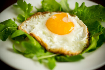 one fried egg with arugula and lettuce in a plate