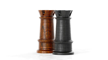 Two rooks composition. Chess set 3D render. A victorian oak and ebonized. Min 19-th century.