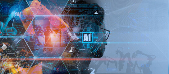 Global industry concept.Manager Ai Technical Industrial Woman Engineer working and control robotics with monitoring system Automation robot arm software and icon industry network connection on tablet.