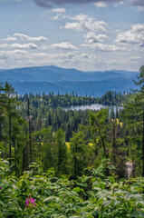 Fototapeta premium Beautiful summer landscape of High Tatras, Slovakia - Strebske Lake lush forest, mountains and clouds on the sky
