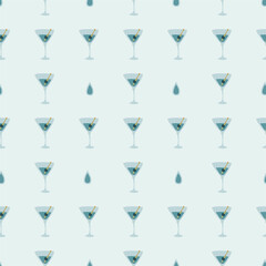 Martini glass with olive and skewer seamless pattern. Doodle style. Color hand drawn image. Repeat template. Party drinks concept. Freehand drawing. Cartoon sketch graphic draft