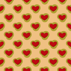 Line art seamless pattern in the form of a red heart on blue figure. Romance graphic texture. Holiday celebration concept. Decorative print. Geometric bright wallpaper. Black contour line