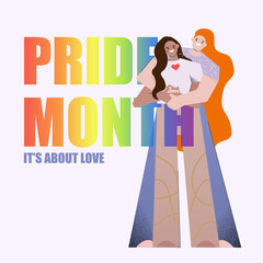 Flat style vector illustration on the theme of the LGBTQ community, pride month. Two lesbian girls in love who represent love