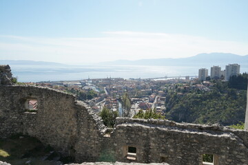 Panorama of port town Rijeka from the top of Trsat castle with view on river Rjecina passing...