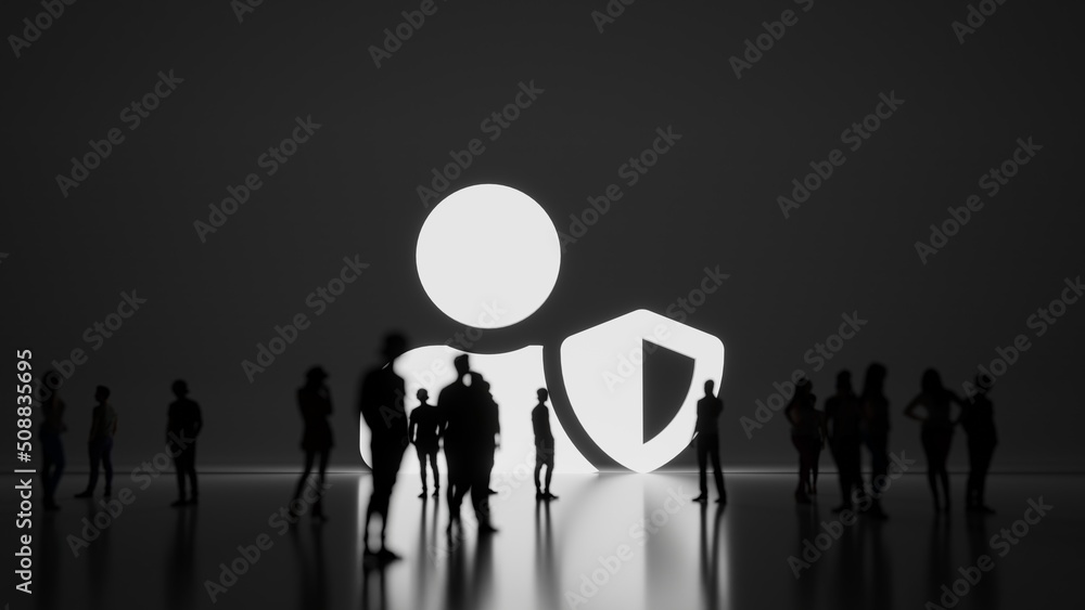 Poster 3d rendering people in front of symbol of user shield on background