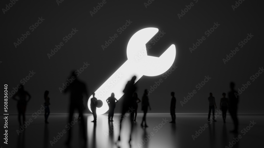 Poster 3d rendering people in front of symbol of wrench on background