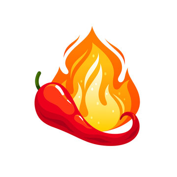 Hot chili pepper with fire. Red spicy chilli for cooking mexican and indian food. Vector cartoon illustration of cayenne pepper burn with flame isolated on white background