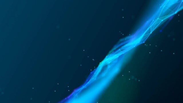 Animated neon background frame. Moving flow of wave cosmic energy. Pattern plex lines, dot, chaotic particles. Northern lights. Milky Way. Shimmer star. LED strip. Intro logo, technology, business. 4k