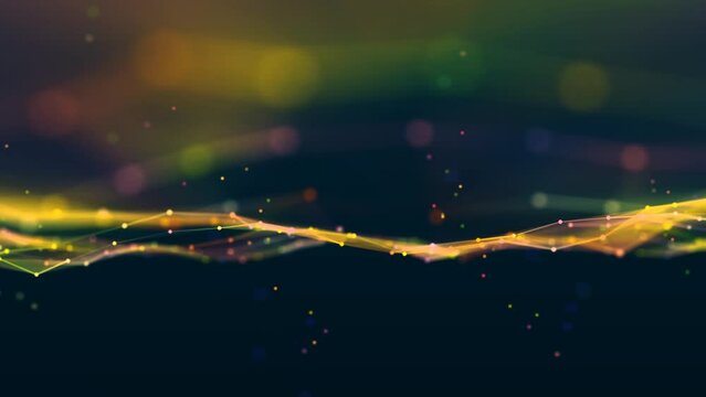 Animated neon background frame. Moving flow of wave cosmic energy. Pattern plex lines, dot, chaotic particles. Northern lights. Milky Way. Shimmer star. LED strip. Intro logo, technology, business. 4k