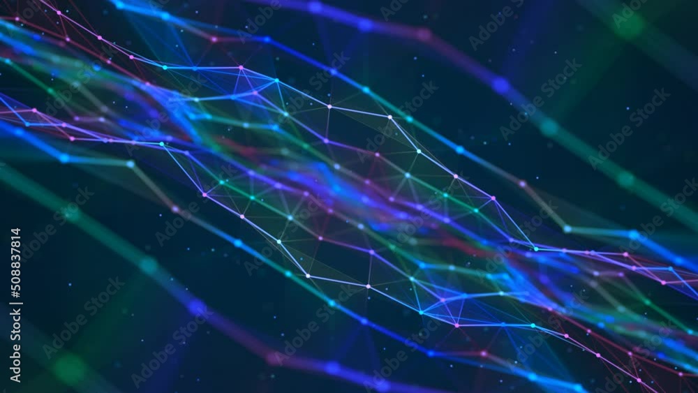 Poster animated glowing background. texture moving plexuses of lines, particles, dots. abstract dna chain. 