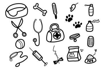 Hand drawn doodle veterinary clinic and pet shop. Pets, food, toys, and grooming accessories. Vector sketch illustration on white background.
