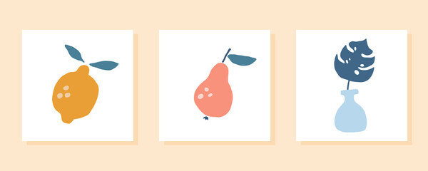 Abstract fruit poster set. Matisse abstract lemon, vase. Contemporary art print. Organic tropic fruits leaves abstract style. Trendy doodle elements. Vector natural shapes, minimalist illustration.
