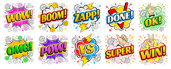 Set of comic speech bubbles, like an explosion, with various words and gestures. Bright dynamic cartoon design in retro pop art style with halftone effect. Vector illustration