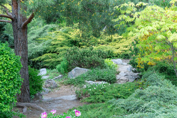 Obraz premium Application natural stone in landscape design. Stone path in garden with bushes trees flowers. Beautiful manicured green plants in gardening. View exterior scenery in public park. Example designers.
