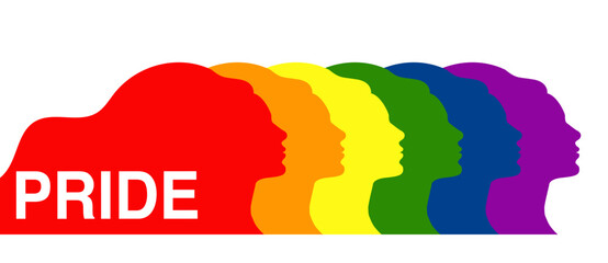 Diversity illustration. Group of multiethnic, multicultural diverse people. Colourful silhouettes of multi-sexuality person, gender faces. Rainbow colors. June Pride Parade banner. Empowerment.