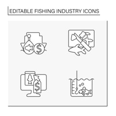  Fishing industry line icons set.Commercial fishing, butchering fish, sale and sea fish. Boat in the sea. Business concepts. Isolated vector illustrations. Editable stroke