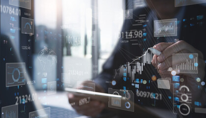 Data science, business analysis and strategy, big data concept.Businessman analyzing financial graph on virtual touch screen, technology solution for business