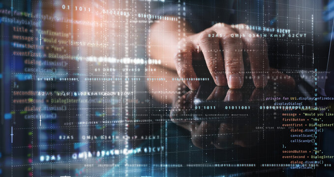 Digital technology, big data storage, digital software development, cyber security concept. Software engineer, programmer using computer with data centre, javascript computer code