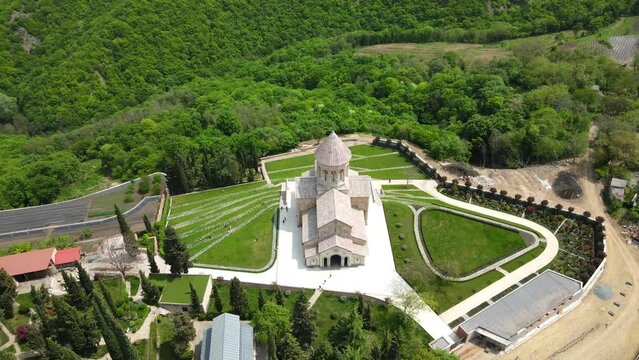 Camera drone flies around the Monastery of St. Nino at Bodbe, Georgia