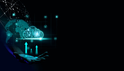 Hand holding cloud system technology with data protection dark background