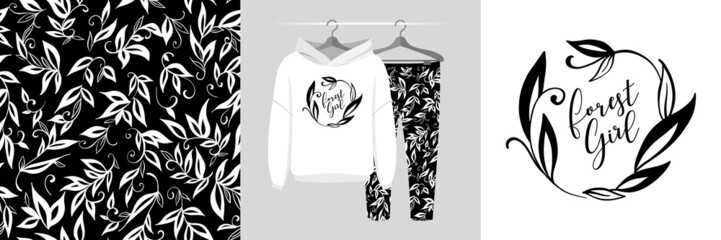 Seamless pattern and illustration set with leaves and branches silhouettes. Forest Girl text and monochrome floral motives design pajamas, background for apparel, fabric, tee prints, wrapping
