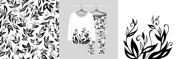 Seamless pattern and illustration set with leaves and branches silhouettes on white background. Monochrome floral motives design pajamas, background for apparel, tee prints, fabric design, wrapping