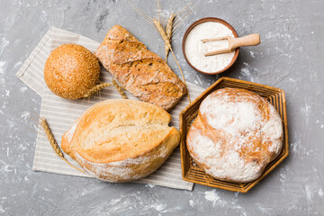 Freshly baked bread on basket against natural background. top view bread copy space