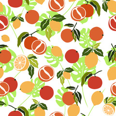 Seamless pattern with lemons and oranges. Pattern with citrus fruits. Summer. Vector graphics. Flat illustration.