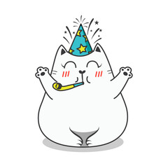 Fat cat birthday party. Doodle illusstration, cartoon vector.