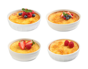 Set with delicious creme brulee on white background