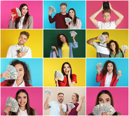 Fototapeta na wymiar Collage with photos of happy people holding money on different color backgrounds