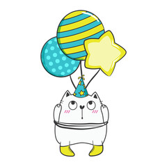 Fat cat birthday party. Doodle illusstration, cartoon vector.