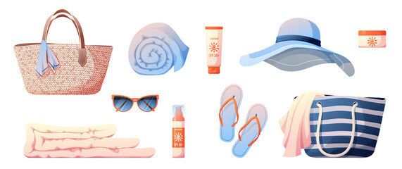 A set of beach things.Beach hat, beach bag coverlet, sunglasses, sunscreen, towel, slippers.
