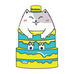 Fat cat birthday party. Doodle illusstration, cartoon vector.