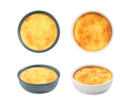 Set With Delicious Creme Brulee On White Background