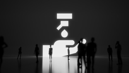 3d rendering people in front of symbol of sanitizer with hand on background