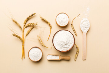 Flat lay of Wheat flour in wooden bowl with wheat spikelets on colored background. world wheat crisis