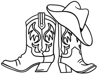 Cowboy boots and hat handdrawn graphic illustration isolated on white. Vector outline illustration of Rodeo clothes for cowboy - 508842613