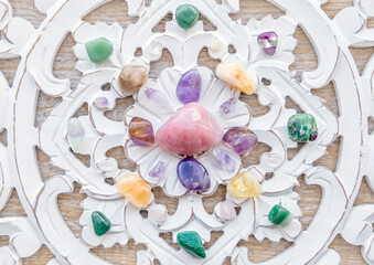 Semi precious stones crystal grid pattern in home helps intentions to manifest concept. Alternative...