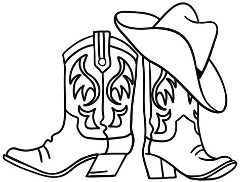 Cowboy boots and hat handdrawn graphic illustration isolated on white. Vector outline illustration of Rodeo clothes for cowboy