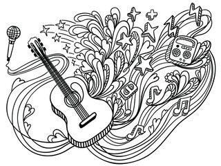 Music doodle guitar illustration with music decoration and elements on white background. Drawing design concept