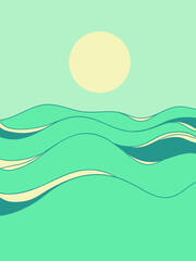 Nature landscape abstract poster with Sea waves vintage horizone seascape on old paper texture . Sea minimalist modern line art blue 
landscape illustration poster background