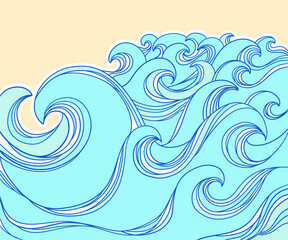 Sea waves outline illustration background for print or design. Seascape hand drawn vector abstract blue waves