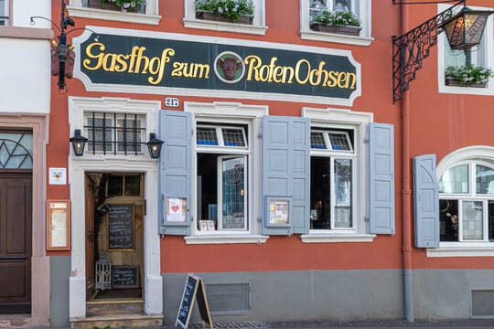 Heidelberg, Germany: June, 2. 2022: The Gasthaus Zum Roten Ochsen (Translation: pub Red oxen) in Heidelberg. A traditional student pubs in the city, today almost exclusively used by tourists