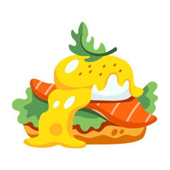 Vector illustration of a Benedict egg. Delicious brioche bread with salmon, poached egg, hollandaise sauce, rucola salad. Green, orange, beige, yellow colors. Hand drawn cartoon flat vector illustrati