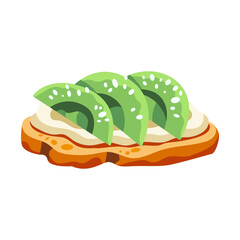 Vector illustration of an avocado toast. Delicious vegetarian sandwich with bread, ripe avocado and cream cheese. Green, beige, brown, yellow colors. Hand drawn cartoon flat vector illustration
